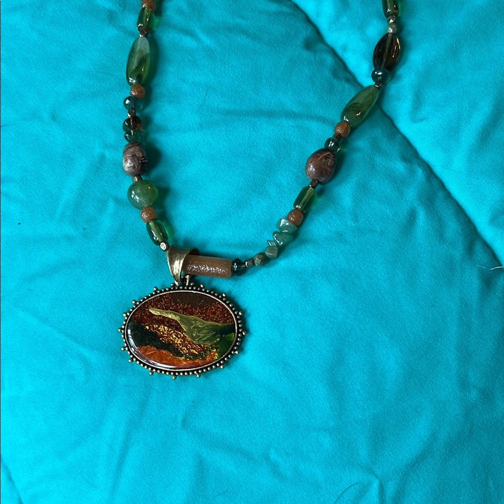 Chico's Green and Brown Beaded Necklace with Medallion Pendant